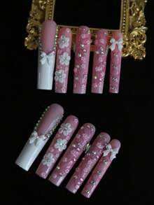 10 móng tay giả dài tự làm thủ công cho tiệc tùng và sử dụng hàng ngày, hình bướm, hoa, đá giả 3D, hoa cho bé gái, dễ sử dụng10 móng tay giả dài tự làm thủ công Y2K, đá quý nhân tạo sáng bóng, phong cách mùa xuân và mùa hè, thích hợp cho bé gái và phụ nữ, tiệc tùng lễ hội và sử dụng hàng ngày - Hồng - Xem 1