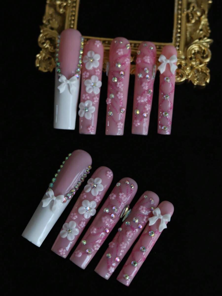 10 móng tay giả dài tự làm thủ công cho tiệc tùng và sử dụng hàng ngày, hình bướm, hoa, đá giả 3D, hoa cho bé gái, dễ sử dụng10 móng tay giả dài tự làm thủ công Y2K, đá quý nhân tạo sáng bóng, phong cách mùa xuân và mùa hè, thích hợp cho bé gái và phụ nữ, tiệc tùng lễ hội và sử dụng hàng ngày - Hồng - Xem 1