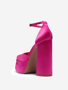 Zapatos de tacón alto y grueso con plataforma y punta cerrada para mujer, con tiras al tobillo y punta cuadrada, para boda, fiesta y graduación - Rosa Fucsia - Ver 12