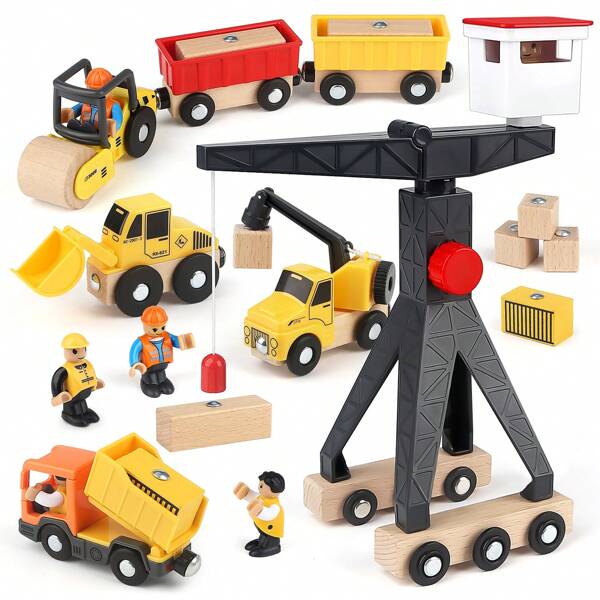 vanplay Technische Fahrzeuge, Kinderkranspielzeug, Holzspielzeug, Baustellenspielzeug, Turmdrehkran, Baggerkran, LKW, Muldenkipper, Straßenwalze, Geschenk für Jungen ab 2 Jahren