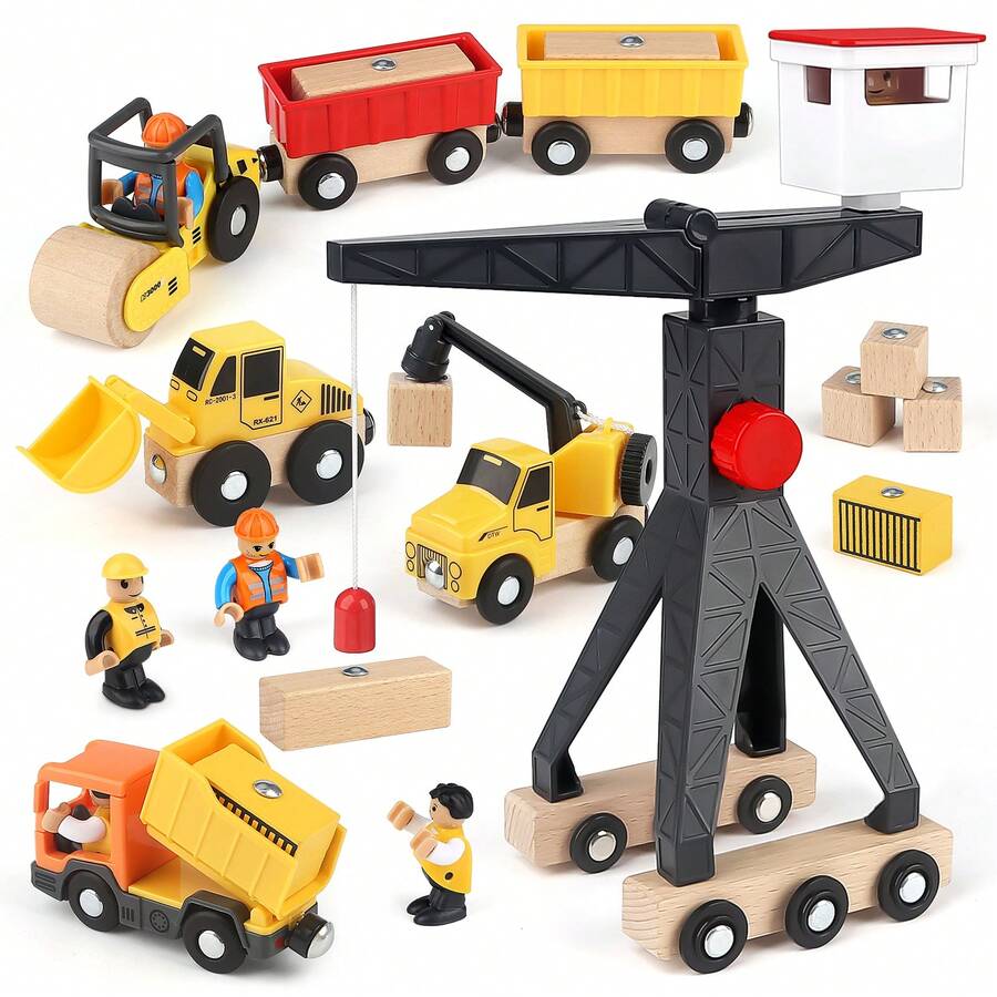 Vanplay Baustellenfahrzeug-Set – Kranspielzeug aus Holz mit Turm, Bagger und Muldenkipper, Montessori-Bausteinspielzeug für Jungen im Alter von 3–5 Jahren