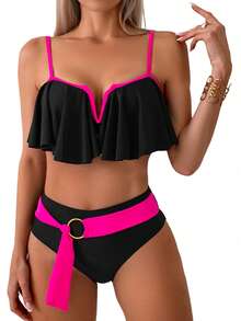 Women Swimsuit Contrast Color Leaves Print Ruffled Bra With Briefs Swimsuit 2-Piece Summer Bikini Set - Black - View 1