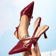 1 Pair Red Solid Color PU Leather Adjustable Buckle Medium Heel 6cm Women Shoes, For Party And All Season
