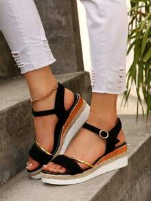 Women's 2025 Spring/Summer New Shoes, Mother's Day Thick Bottom Wedge Sandals, Waterproof Platform Woven Fashion Casual Beach Slippers, High Heeled Sandals - màu đen - Xem 3