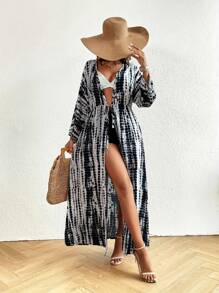 Women's Elegant Maxi Striped Printed Robe With Tie-Front Bow Waist Belt, Sexy Bikini Cover Up, Leisure Beach Dress, Tie-Dyed Vacation Robe