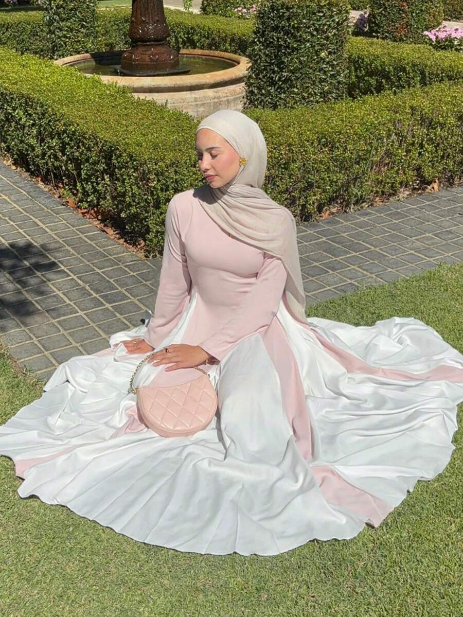 1件女士时尚双色渐变睡袍，柔和春日色调长袖，端庄得体