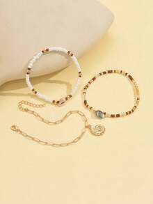 3pcs/Set Women's Minimalist Rice Pearl & Seashell Beaded Anklet, Metal Seashell Pendant Foot Jewelry For Casual Wear And Beach Holiday - Multicolor - View 4
