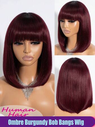 人发渐变色勃艮第色直发鲍勃假发，带透气刘海，全机器制造，无胶人发，无蕾丝，适合所有女性，勃艮第色，黑色发根