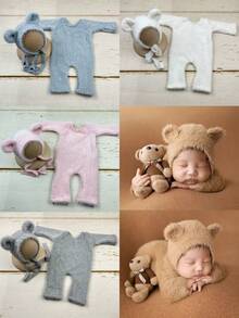 2pcs/Set Newborn Photography Outfits Props Cute Soft Bear Ear Hat And Rompers Pants Costumes Baby Photos Shooting Accessories - Multicolor - View 8