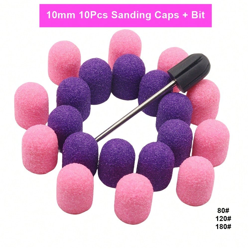 10 Pcs Nail Sanding Caps With Bit 10mm Size Nail Drill Bits For Foot File Callus Remover, Manicure Pedicure Nail Polisher #80 #120 #180 Pink Purple