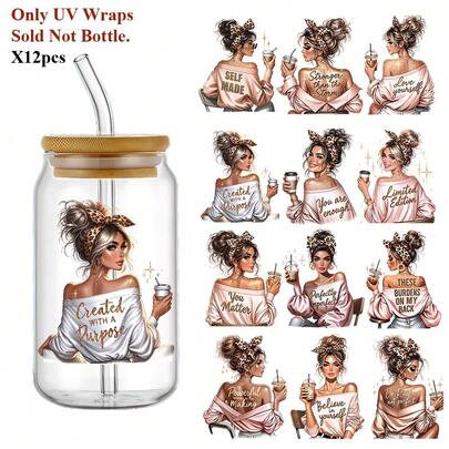 12pcs Fashion Woman UV DTF Transfer Stickers | Self-Adhesive, Perfect For Crafts, Gifts, And Campus Decor | 9.45x4.33 Inches, Decorating Accessories For 16oz Glass Carafe Decoration