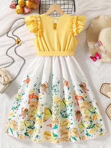女童荷叶边下摆数码印花拼接腰部连衣裙（配腰带） - 黃色 - 查看 2