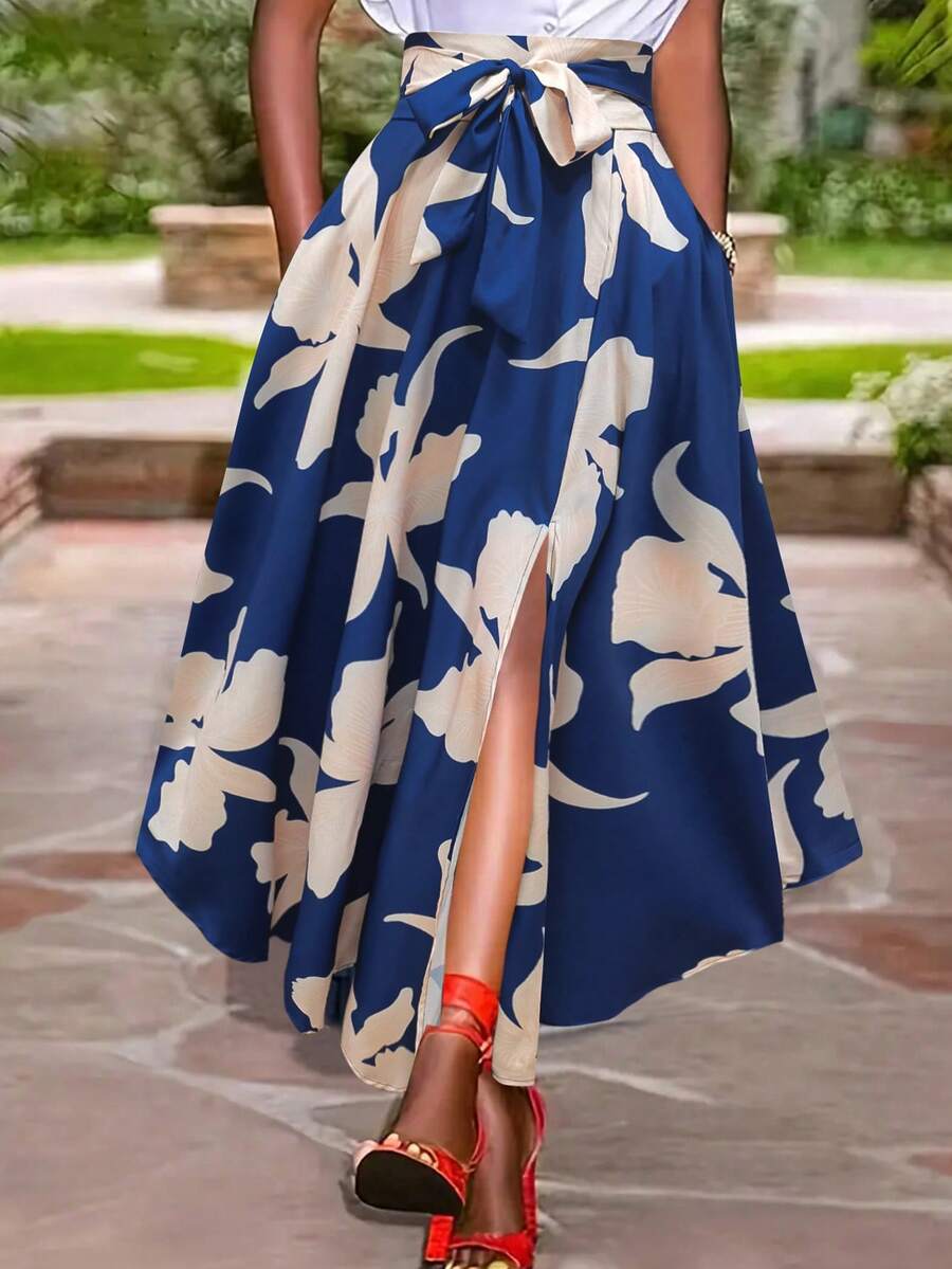 Women's Floral Print High Slit Hem Skirt, Fashionable For Vacation