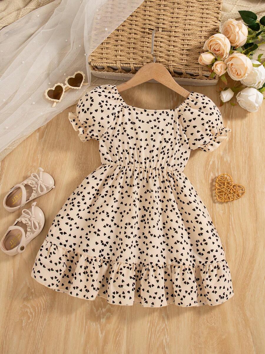 Đầm đuôi cá tay phồng cổ vuông in hình trái tim cho bé gái nhân dịp Lễ Tình nhân - Màu be - Xem 1