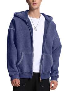 Faiable Mens Womens Double Zip Up Hoodie Oversized Acid Wash Hoodies Heavyweight Fleece Cotton Zipper Hoodie Vintage - 寶藍色 - 查看 4