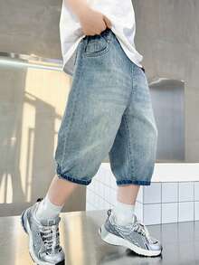 1pc Boys' Summer Denim Shorts, Blue Printed - Blue - View 4