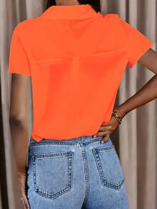 Blusa casual de manga corta con botones para mujer de talla grande, de verano - Naranja - Ver 2