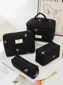 1 Piece Women's Bow Embroidered And Quilted Makeup Bag Sets Travel Cosmetic Bag With Handle Tampon Storage Bag Sanitary Pad Pouch Large Capacity Cosmetic Bag, Lightweight Fluffy Filling Toiletries Bag Mini Travel Makeup Case Pouch For Travel Storage,Daily Use. For School Cosmetic Bag Back To School Supplies Cosmetic Storage School Stuff Bag Organizer Room Stuff