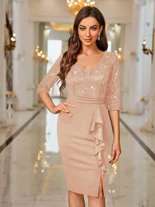 MIUSOL Deep V-Neck Sequin Floral Lace Ruffle Trim Cocktail Party Bodycon Dress, Wedding Guest Dress