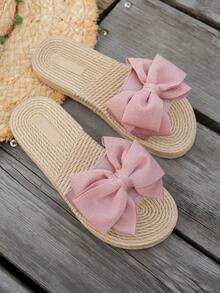 Sandales plates avec bride et décoration nœud, coloris unicolore, bout rond. Convient pour le trajet domicile-travail. Pantoufles d'intérieur casual en tissu noir, légères et confortables, pour l'été - Rose bonbon - Voir 4