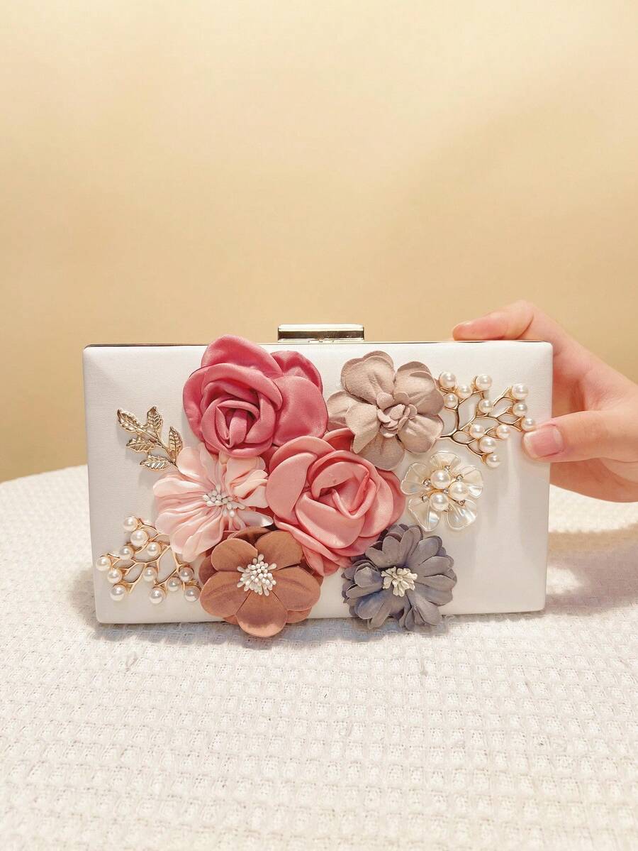 Valentine's Day Gift Love Holiday Date Ramadan Wedding Girlfriend Gift Lady Flower Evening Bags Pink Color Women Small Clutch Purse With Chain Shoulder Flap Design Diamonds Beading Box - White - View 1