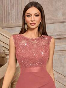 MIUSOL Classic Sequin Floral Lace Round Neck Sleeveless Cocktail Party Bodycon Dress, Elegant Women Dress - Dusty Pink - View 7