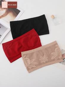 Set de 3 piezas de ropa interior de mujer con diseños de plisado, estampado, calado y rejilla, sujetador bandeau de unicolor