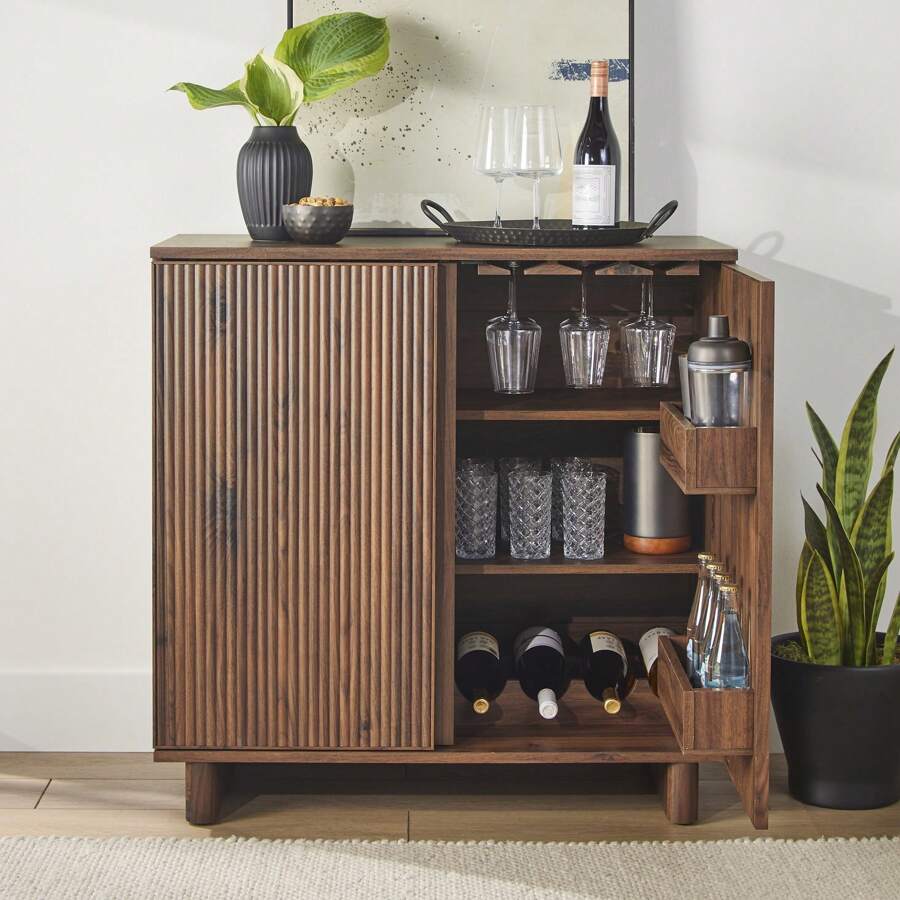 Lillian Fluted Bar Cabinet, Natural Pine Finish