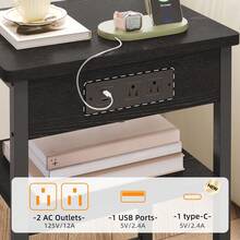 Tomnk Nightstand With Charging Station, Bedside Table With Fabric Drawer, Night Stand With Storage, 3-Tier Bed Side Table, End Table For Bedroom, Home Decor