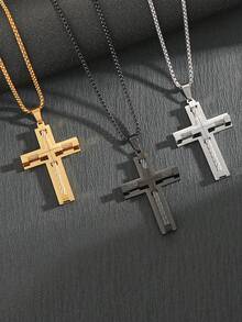 1 Piece Men's Large Cross Chain Necklace, Stainless Steel Byzantine Chain With Silver, Gold And Black Color Options, Cross Pendant Necklace Suitable For Daily Wear, Holiday Gift - Wire Cross - View 2