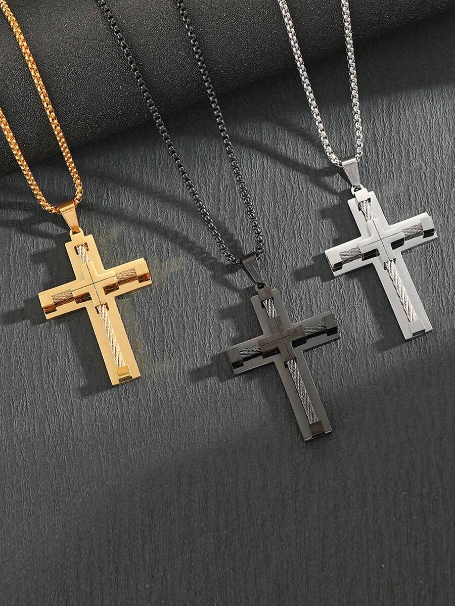1 Piece Men's Large Cross Chain Necklace, Stainless Steel Byzantine Chain With Silver, Gold And Black Color Options, Cross Pendant Necklace Suitable For Daily Wear, Holiday Gift