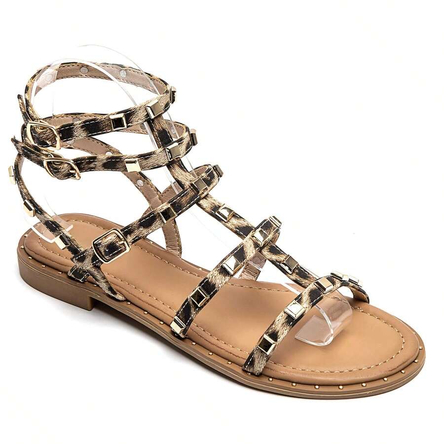 Sandalias planas con tachuelas cuadradas - Estilo moderno de gladiador - LEOPARDO - Ver 1