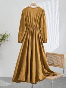 Elegant Women's Bohemian Linen Blend Maxi Dress - Casual V-Neck Long Sleeve, Solid Color With Pockets, Machine Washable, Suitable For All Seasons, Maxi Dress V-Neck Dress Woven Texture