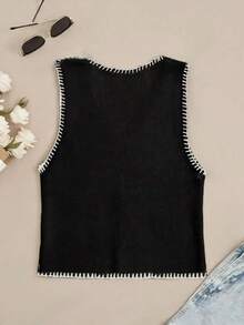 女性用 春夏 軽量ニットベスト カジュアル コントラストトリム ノースリーブ オープンボタン ニットベスト、Y2K、デイリー、通勤、ショッピング、ビーチ、レジャー、シンプル、ミュージックフェス、アウトドアプールパーティー、ストリート/独立記念日/卒業式 - ブラック - チェックする 2