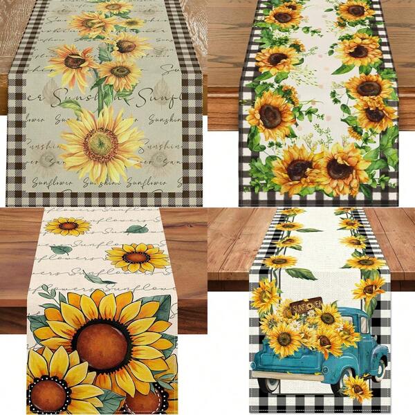 Sunflower & Bees Table Towel - Washable & Reusable Polyester Summer Kitchen Decor With Vintage Floral Design Easy Clean Dining Tablecover, 13" Wide (Length 36/48/72/90/108")