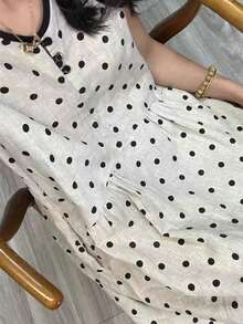 一件式无袖波点连衣裙法式复古亚麻毕业礼服女士优雅夏季新款海滩度假休闲太阳裙 - 淺灰色 - 查看 7
