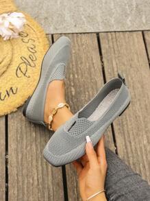 2025 New Knitted Flat Square Toe Mesh Sneakers For Women, Casual Sports Slip-On Lightweight Loafers