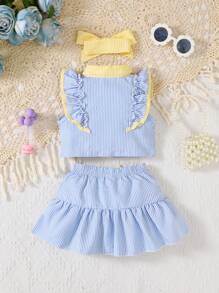 Set 2 buc. pentru bebeluși, fete, cămașă cu dungi, mânecă scurtă, casual, costum de fustă cu fundă și bentiță