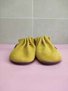 Yellow Women Vintage Ruched Slip-On Backless Mules Slippers, Versatile Flat Slide Sandals, Spring/Summer 2025 New Arrival - Yellow - View 5