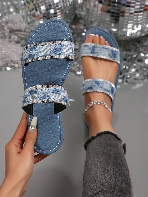 Women's Fashionable & Elegant Rhinestone Decorated Casual Flat Slide Slippers, Comfortable Homewear Low Heel Blue Lady Mules