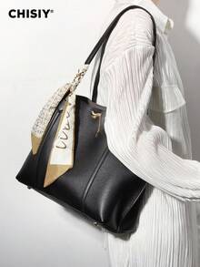 CHISIY Original Handmade Solid Color Golden Bean Letter Plaid Scarf, Contrast Color Synthetic Leather Tote Bag, Elegant Business Large Capacity Women Commuter Bag, Casual Simple Lady Underarm Bag, Fashion Lady Shoulder Bag, Gift For Valentine's Day, New Year, Suitable For Office Lady, Business Woman, College Student, Dating, Shopping, Travel, All Season