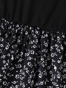 Girls' Casual Simple Ribbed Ditsy Floral Camisole Dress, Spring/Summer - Black - View 5
