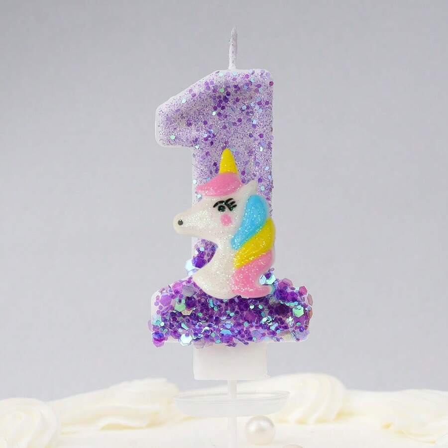 1 件生日数字蜡烛紫色独角兽生日蜡烛蛋糕闪光数字 1 蜡烛蛋糕装饰带亮片，适合女孩和女士周年纪念庆祝用品 - 彩色 - 查看 1