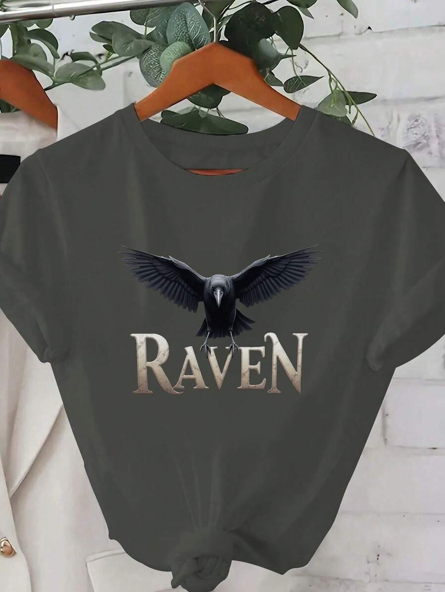 Black Raven On RAVEN Text Pure Cotton Women's T-Shirt Comfort Fit - Dark Grey - View 1