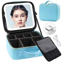 NetHong Large Makeup Bag With LED Mirror Vanity Case Beauty Box Make Up Travel Cosmetic Bag Holiday Essentials UK Back To School - Blue - View 9