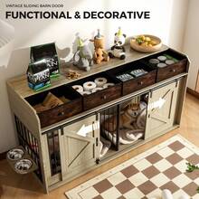 Advwin 63" Wooden Double Dog Crate Furniture With Drawers, Divider, Sliding Doors And Dual Feeding Stations, TV Stand Dog Kennel For 2 Small/Medium Dogs - Light Brown - View 7