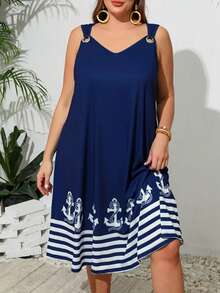 Plus Size Women's Anchor Print V-Neck Metal Loop Slip Dress - Sleeveless Summer Vacation Romper, Navy With White Striped Casual Summer Outfit
