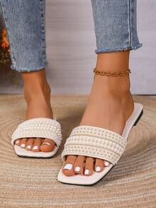 Women's Slide Sandals With Rhinestones, Casual Versatile Outdoor Plastic Flat Sandals - White - View 7
