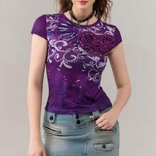 Women Teen Girl Y2k Top Clothes Cute Graphic Print Brown Crop Top Tee T-Shirt E Girl Clothing Aesthetic - 紫色 - 查看 2