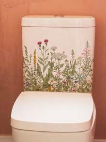 1pc Pink Flowers Green Plants And Blue Flowers Butterfly Bathroom Toilet Sticker Self-Adhesive, Removable Vinyl Waterproof Sticker, Bathroom Toilet Decorative Sticker, Toilet Lid Sticker, Bathroom Decoration Removable Sticker, Self-Adhesive Decal, Home Decor, Holiday Decorative Sticker, Birthday Graduation Gift Summer